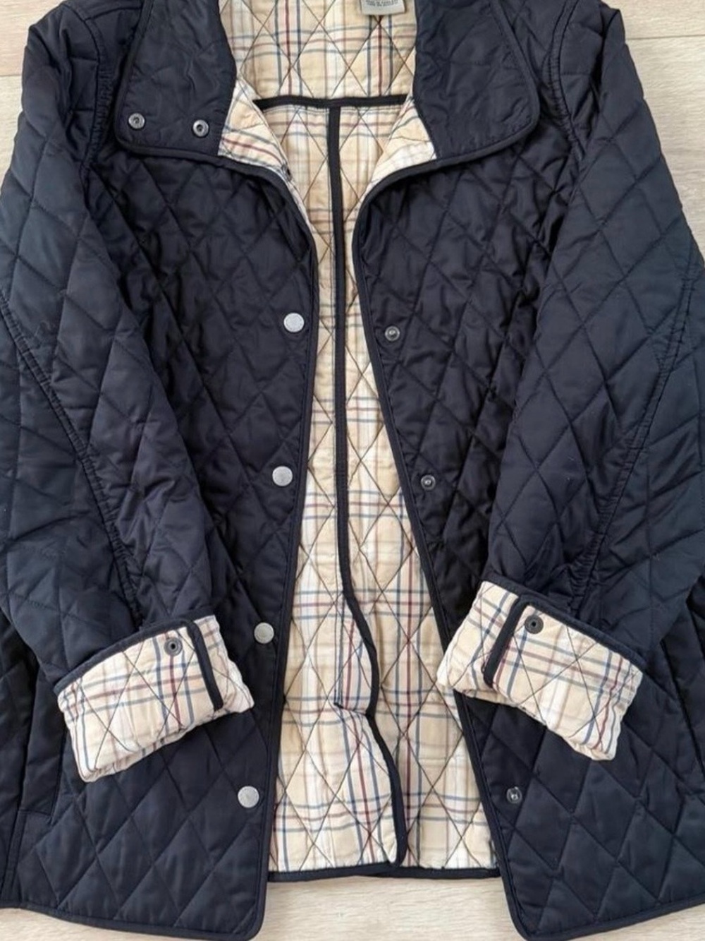 LL Bean XL Quilted Riding Jacket Black diamond-quilted shell tartan plaid NEW